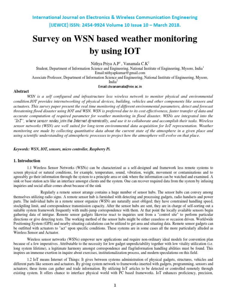 Survey On WSN Based Weather Monitoring by Using IOT | PDF | Wireless ...