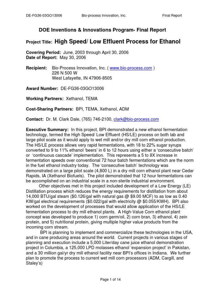 High-Speed Ethanol Fermentation Process | PDF | Corn Ethanol | Distillation