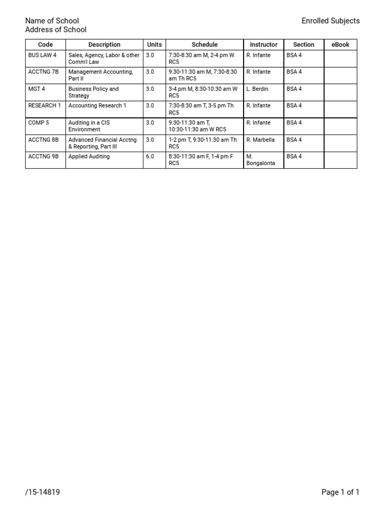 Name of School Address of School Enrolled Subjects: Code Description ...