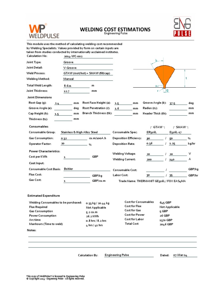 Welding Cost Estimation For 12 Joints in 8 NPS SCH 80 PDF PDF