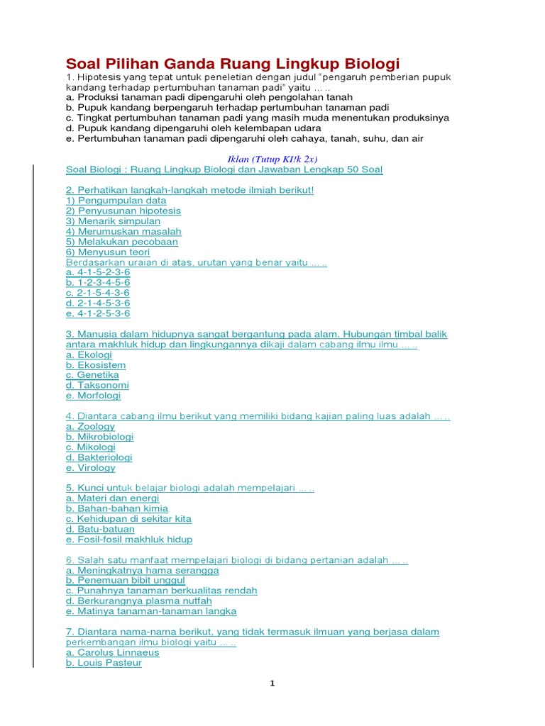 Soal Pilihan Ganda Ruang Lingkup Biologi