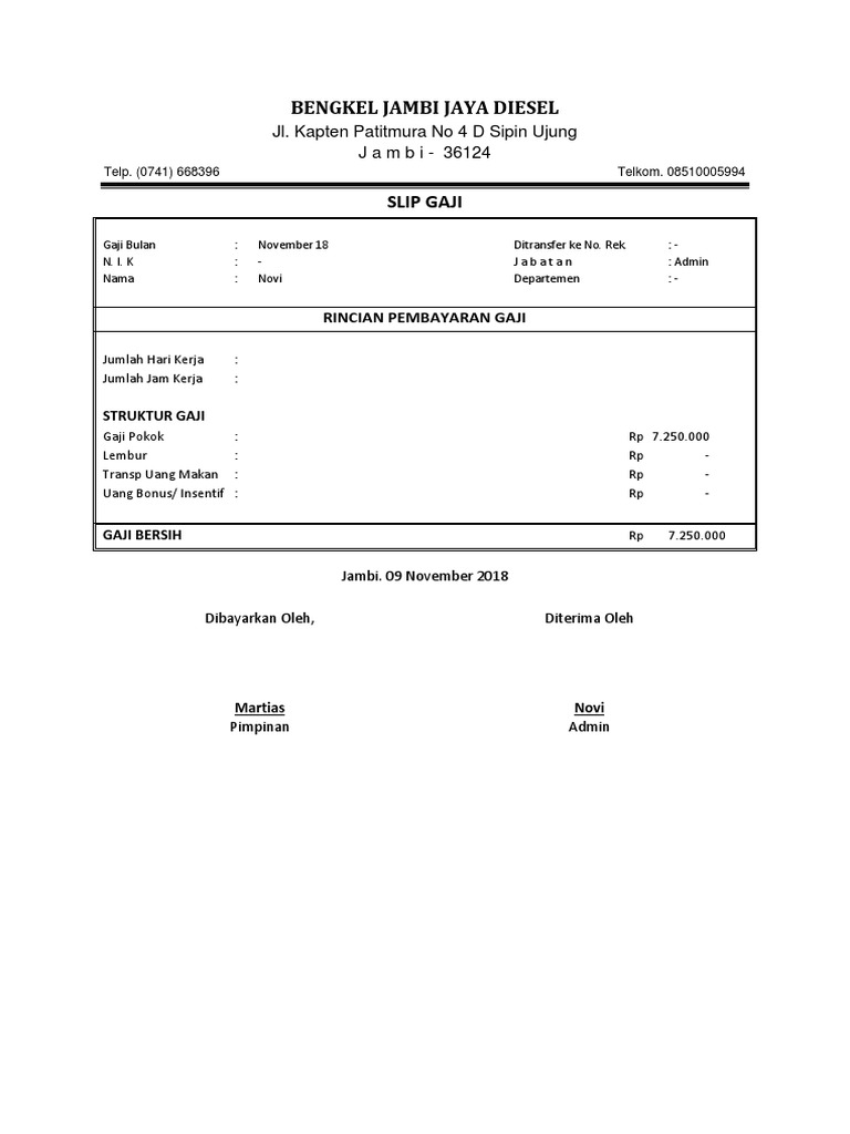 Slip Gaji Bengkel Jambi Jaya Diesel Novi