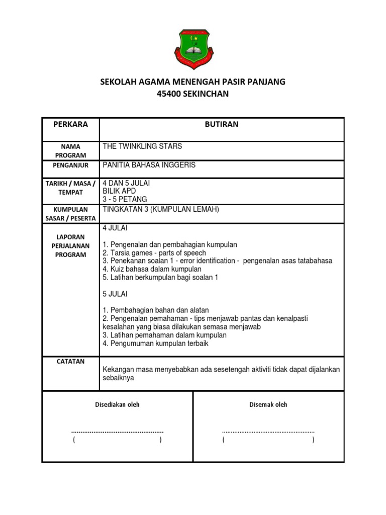 Contoh Laporan Aktiviti Panitia Bahasa Inggeris
