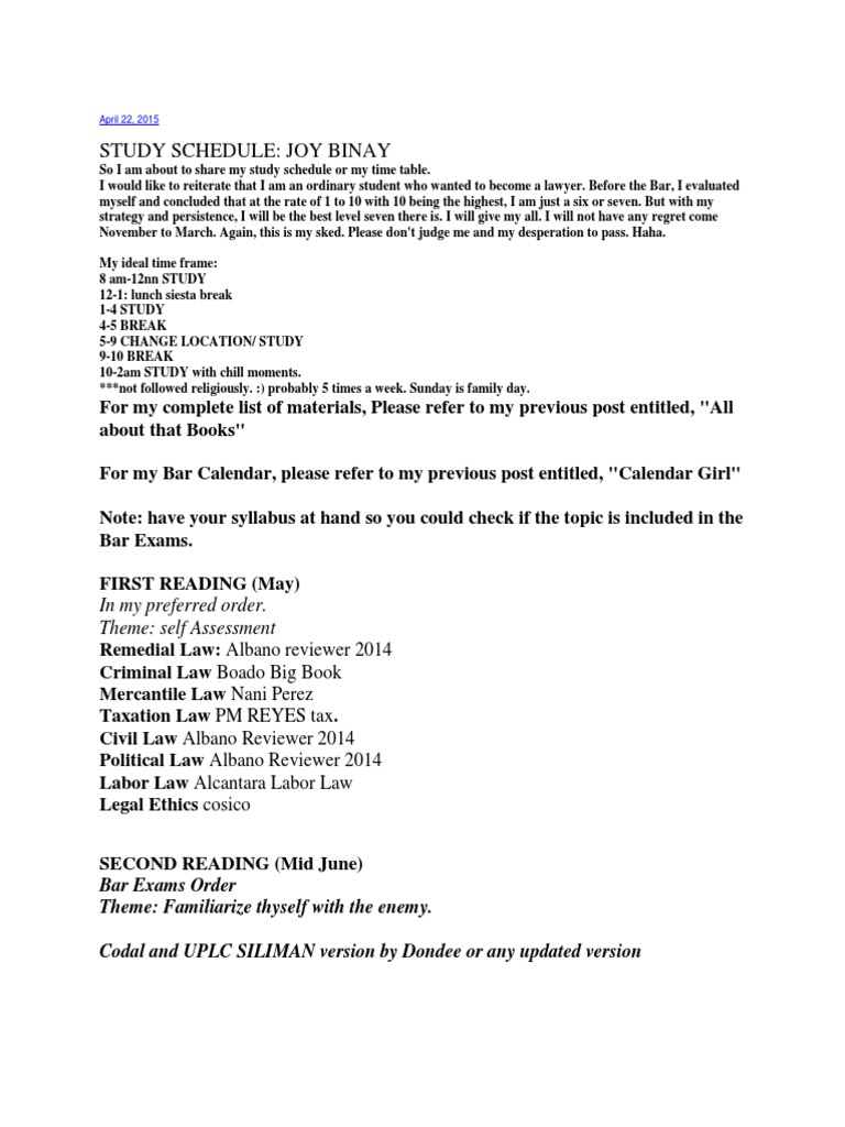 Bar exam study schedule planning