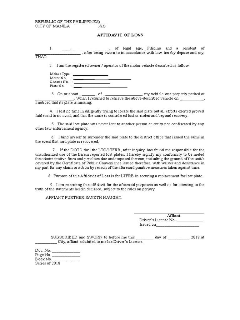 JEFF Affidavit-of-Loss-Plate | Download Free PDF | Affidavit | Social ...
