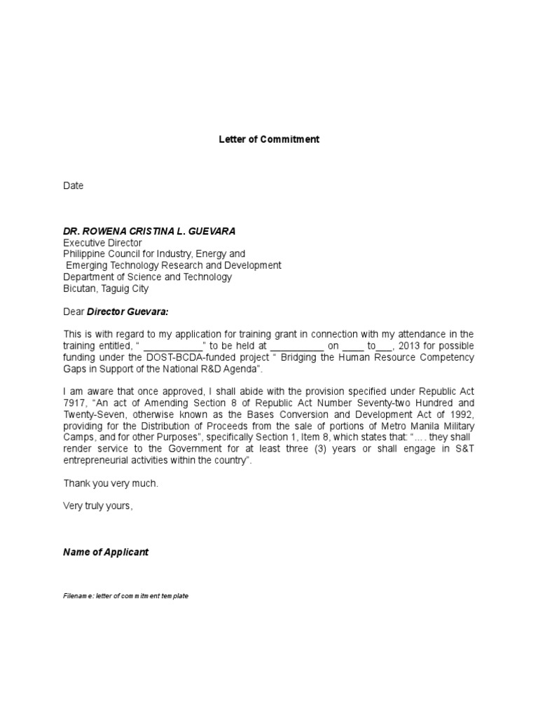 Letter of Commitment Template | PDF | Finance &amp; Money Management