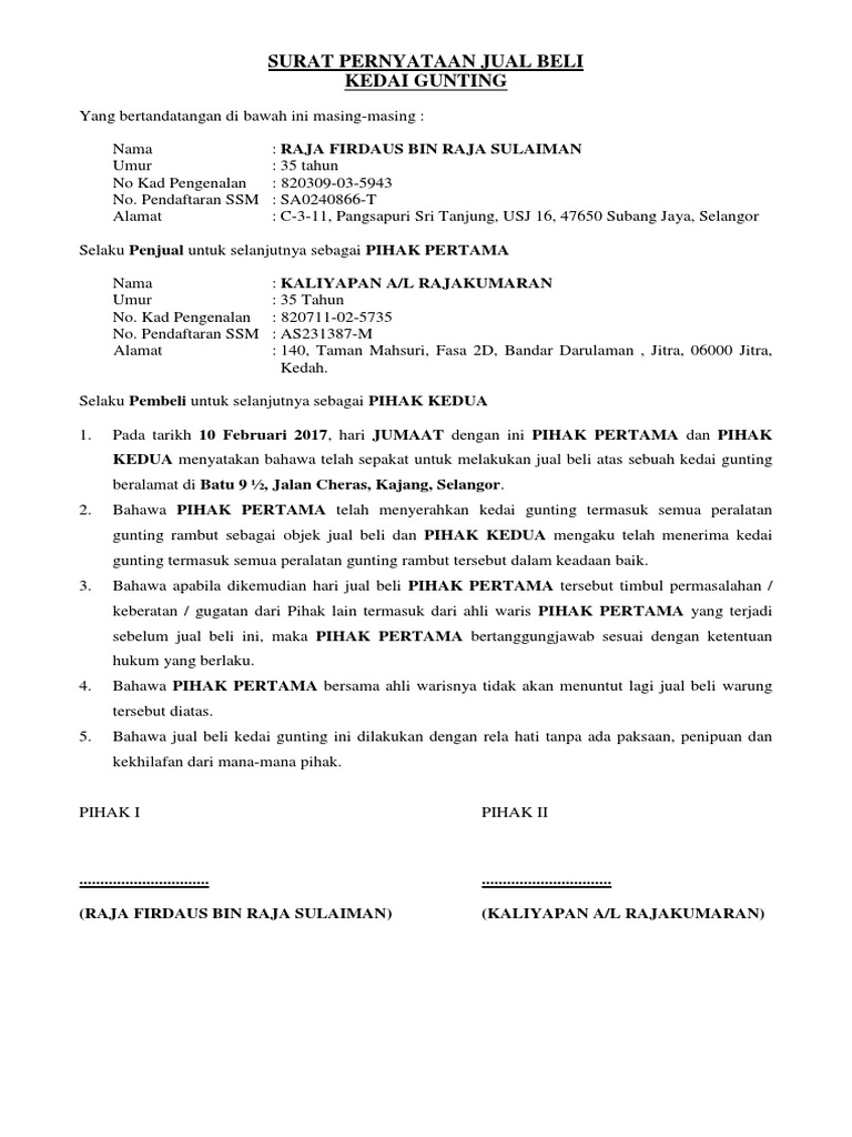 Surat Pernyataan Jual Beli Warung Atau Kios