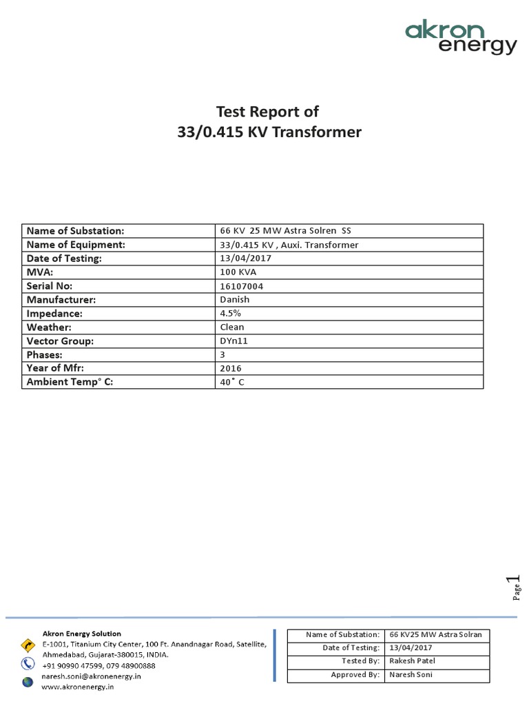 Test Report of 330.415 KV Transformer PDF Transformer Electrical
