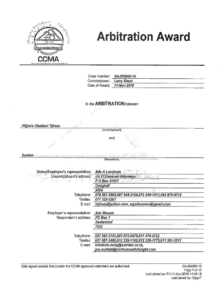 Hitjevi Obafemi Tjiroze Vs Sanlam Group - CCMA Arbitration Award 11 ...