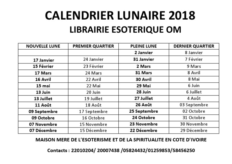 Calendrier lunaire 2018 détaillé PDF — free download
