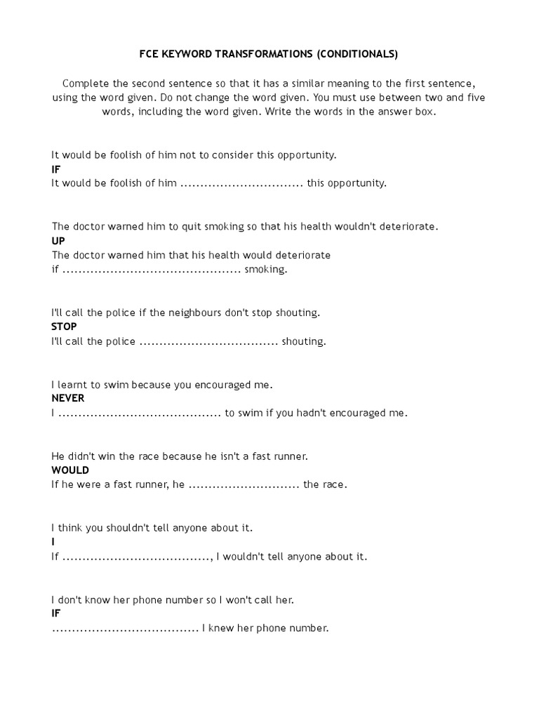 Fce Key Word Transformation Exercises Pdf