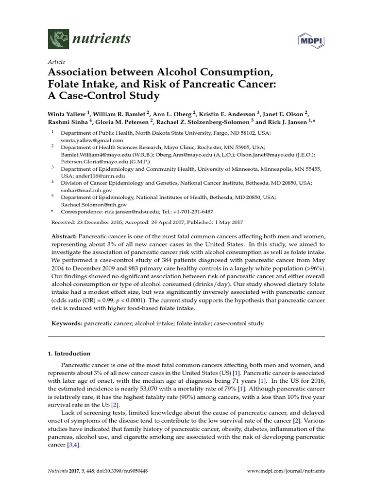 Nutrients Association Between Alcohol Consumption, Folate Intake, and Risk of Pancreatic Cancer
