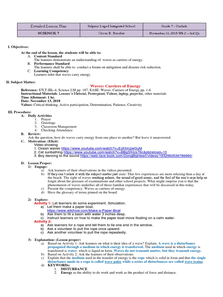 Science 7 DLP Waves As Carriers of Energy | PDF | Waves | Lesson Plan