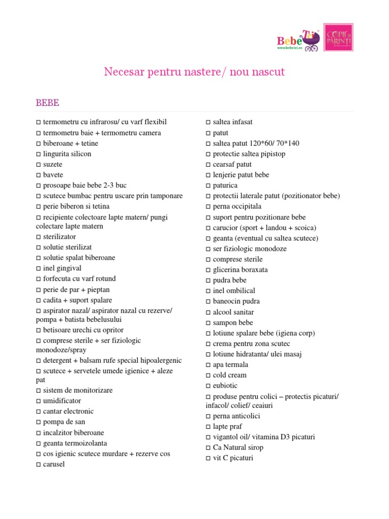 Necesar Pentru Nastere - Nou Nascut PDF | PDF
