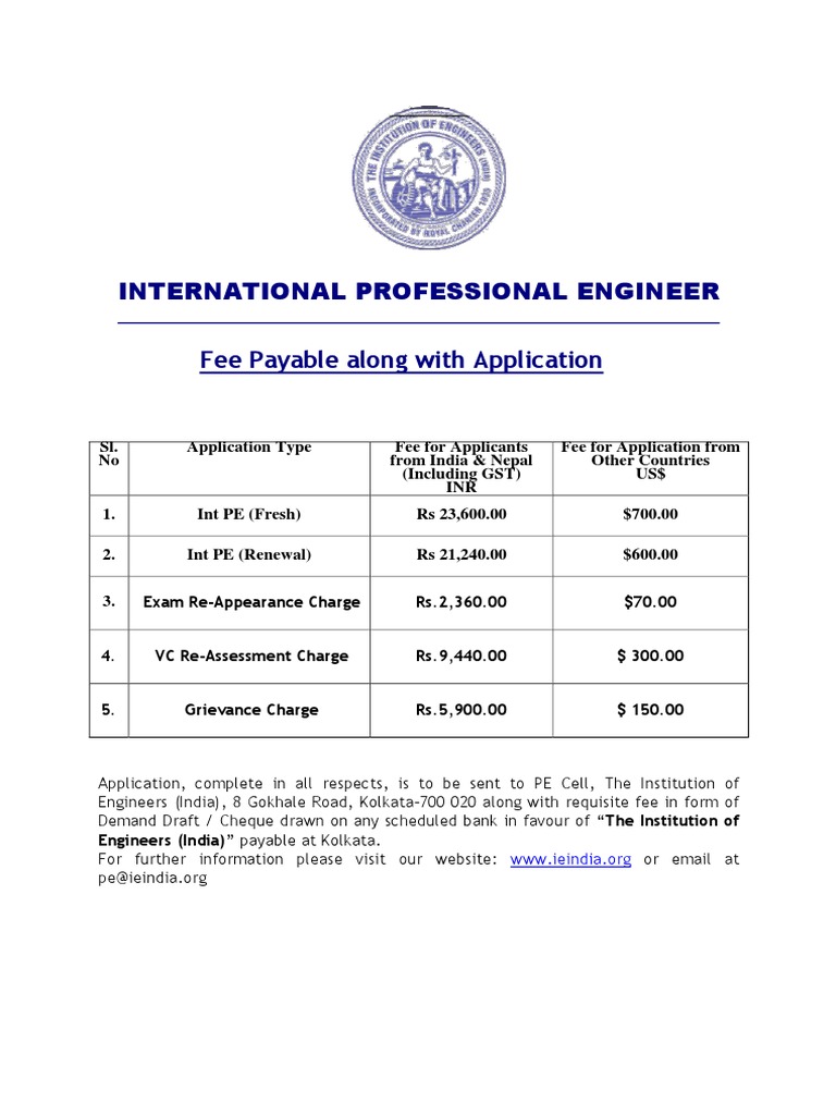 Fee Structure for International Professional Engineer Certification ...