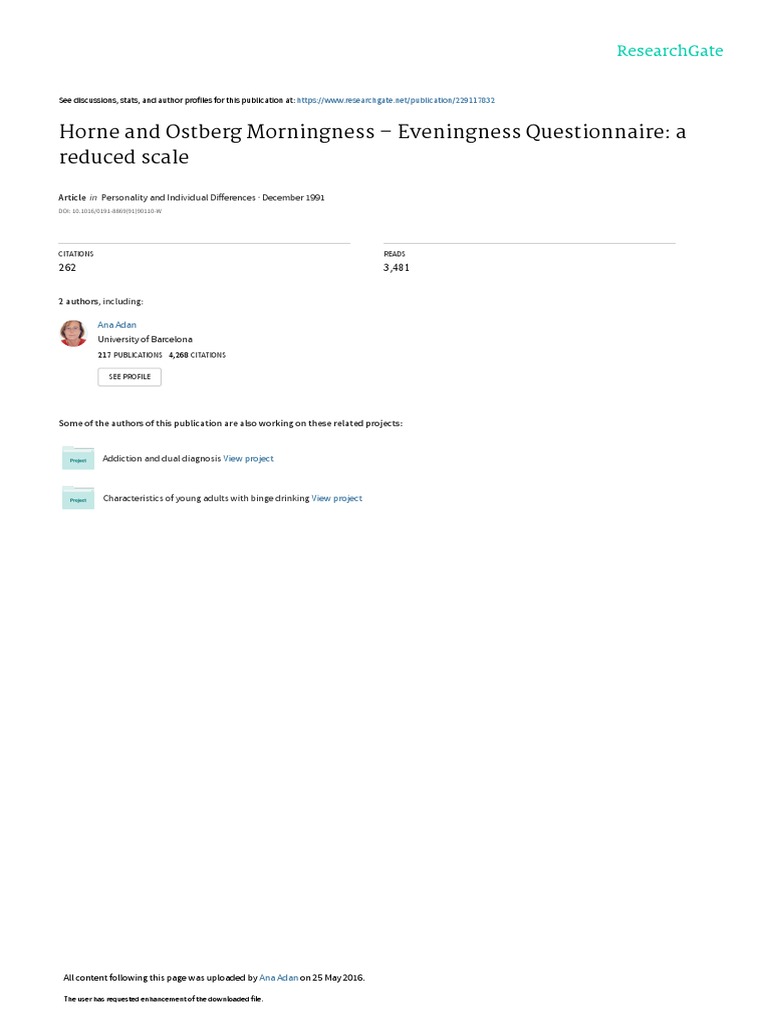 Horne and Ostberg Morningness - Eveningness Questionnaire: A Reduced ...
