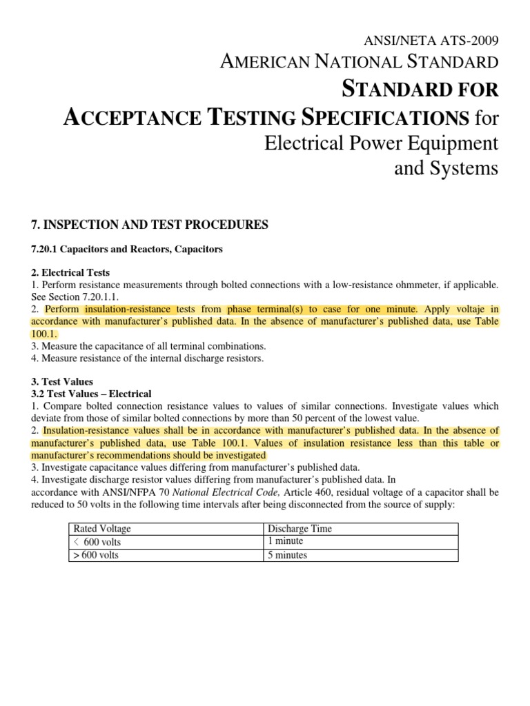 Electrical Testing Procedures and Acceptable Values for Capacitors and