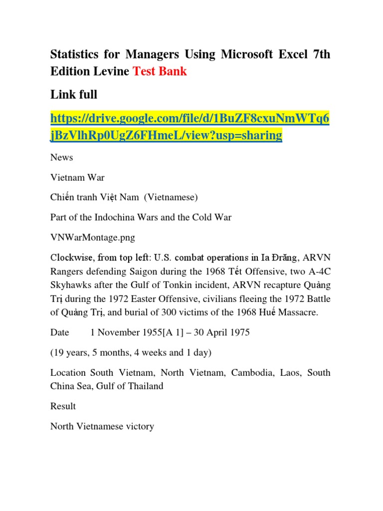 Statistics For Managers Using Microsoft Excel 7th Edition Levine Test ...