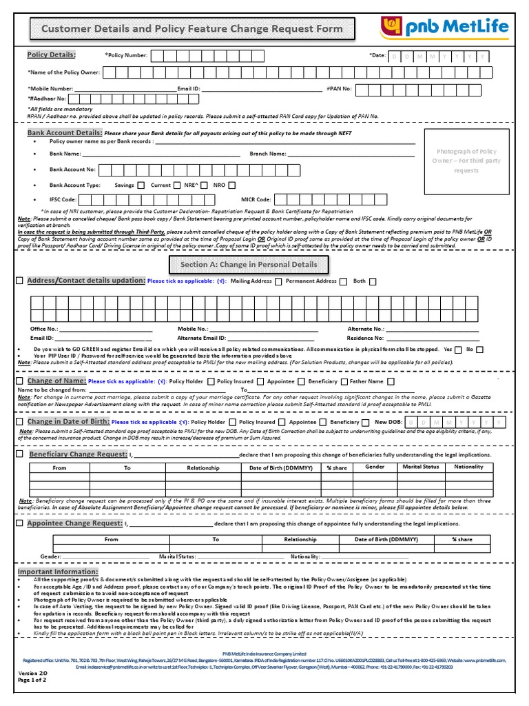 Customer Details And Policy Feature Change Request Form Version 2 0 Tcm47 60089 Pdf Assignment Law Insurance