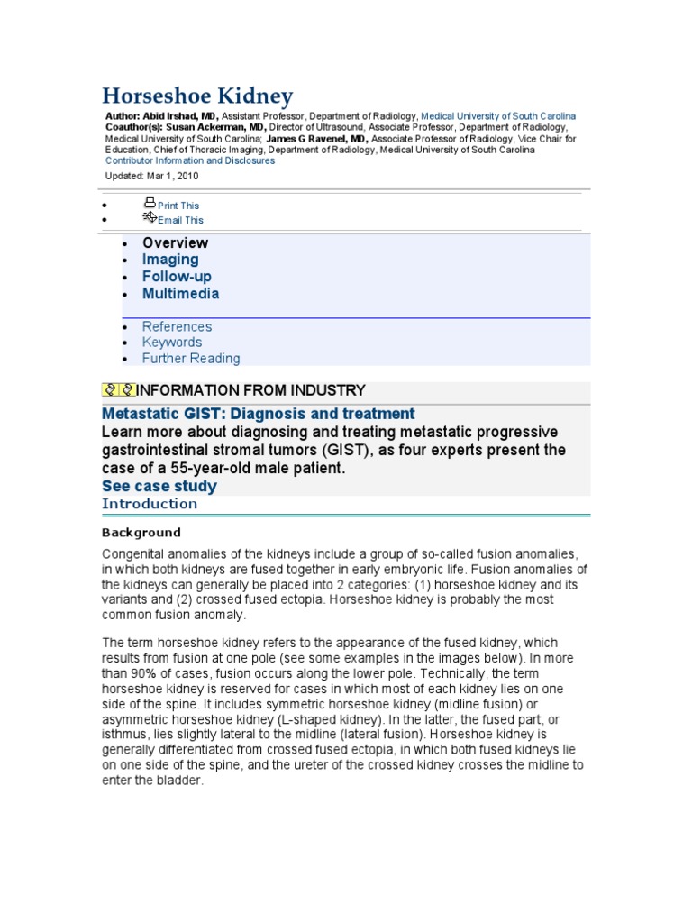 Horseshoe Kidney Causes, Symptoms and Imaging PDF Kidney