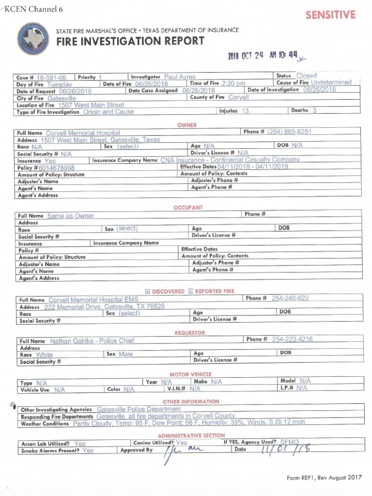 The Texas State Fire Marshal’s Office Coryell Memorial Hospital Fire