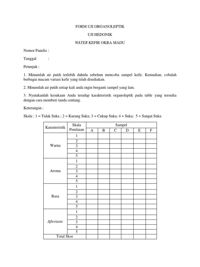 Form Uji Organoleptik | PDF