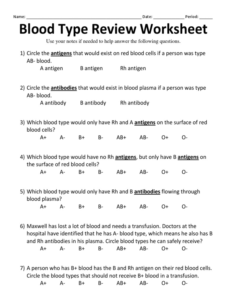 Blood Type Review Worksheet Blood Type Body Fluids