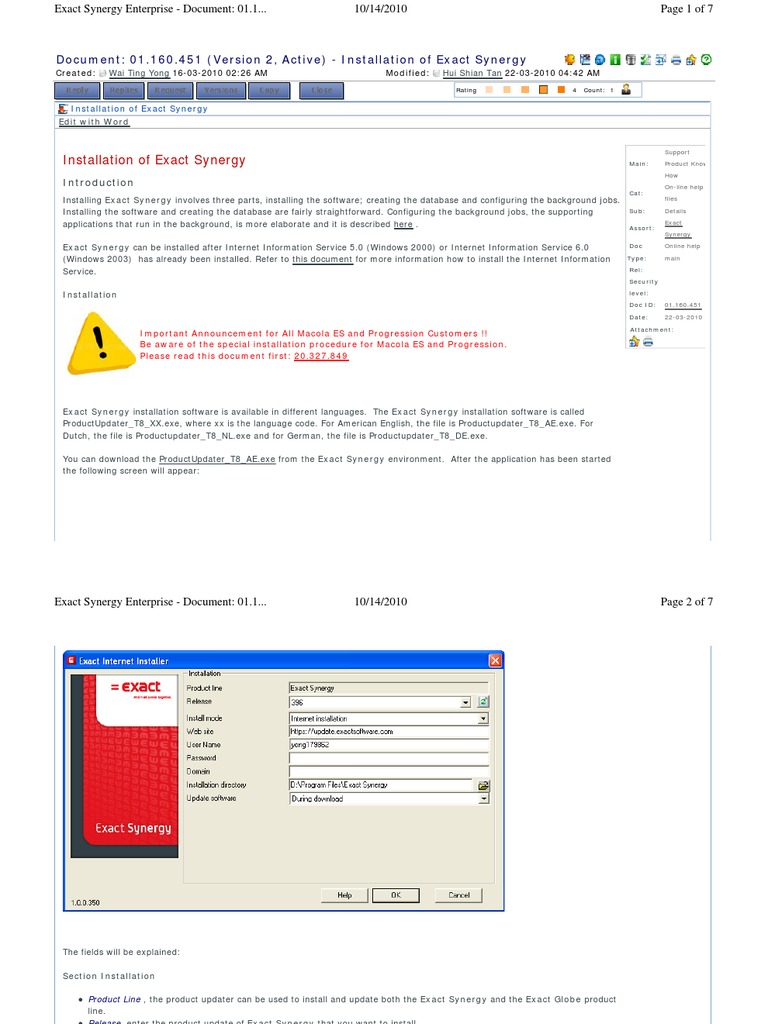 Installation of Exact Synergy User Login
