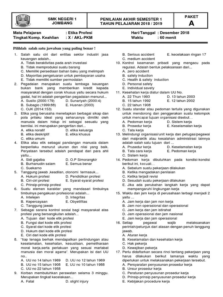 Soal Etika Profesi Smk Paket A