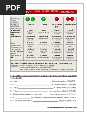 6 Les Verbes Aimer Adorer Et Detester Pdf Verbe Nourriture Et Boisson