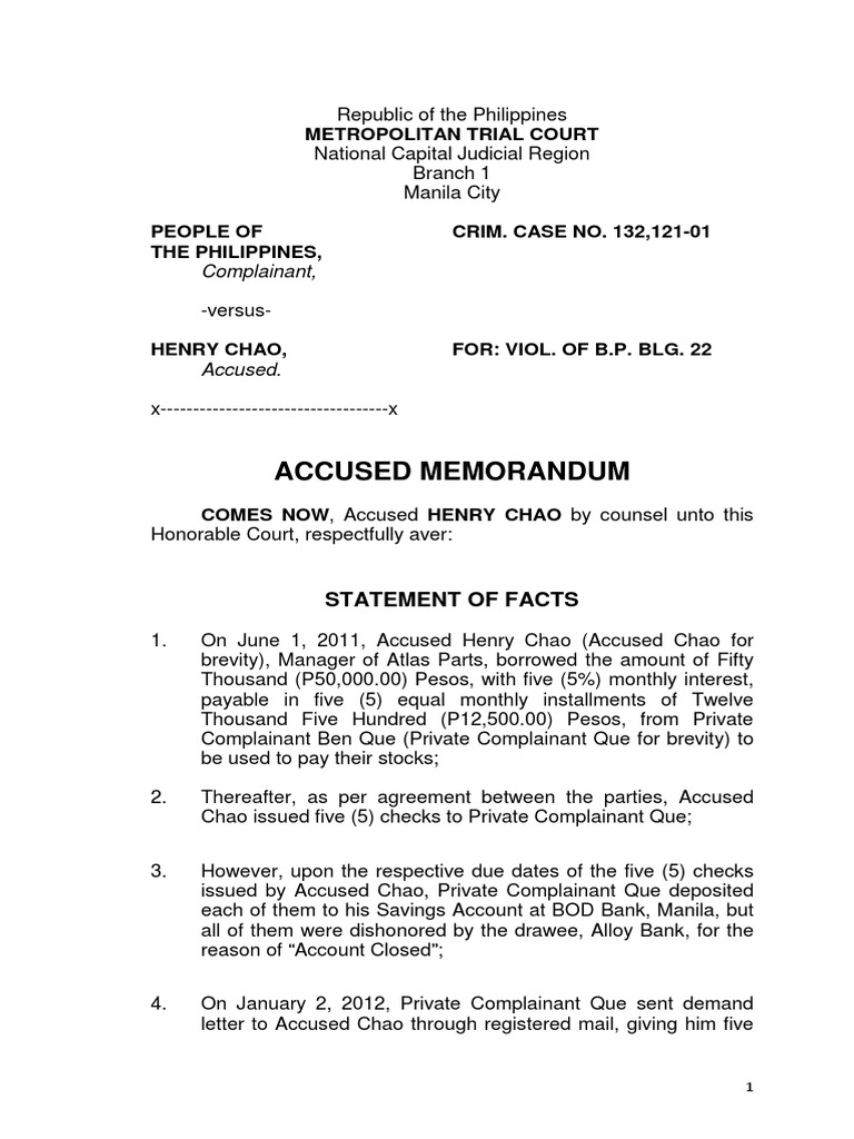 Accused Memorandum Sample | PDF | Burden Of Proof (Law) | Jurisdiction