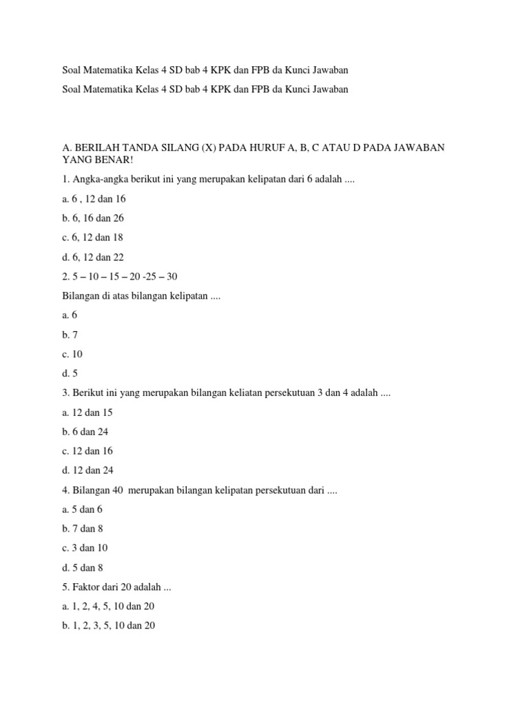 Soal KPK dan FPB Kelas 4 SD | PDF | Metode & Bahan Ajar | Griya & Taman