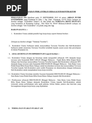 Surat Perjanjian Perlantikan Sebagai Sub Kontraktor Pdf