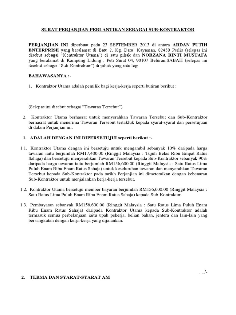 Surat Perjanjian Perlantikan Sebagai Sub Kontraktor Pdf