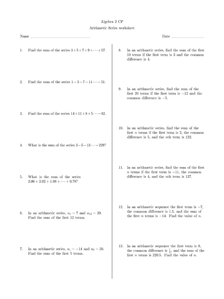 Arithmetic Series Worksheet  PDF  Science  Teaching Mathematics Regarding Arithmetic Sequence Worksheet Algebra 1