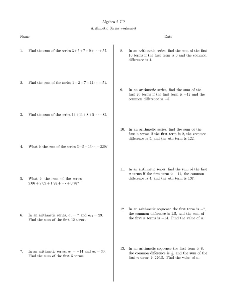 Arithmetic Series Worksheet  PDF  Science  Teaching Mathematics Throughout Arithmetic Sequences Worksheet Answers