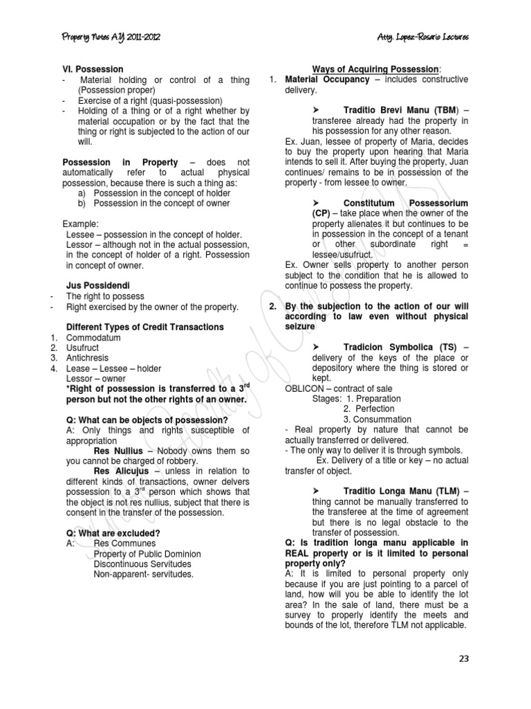 Property Notes A.Y. 2011-2012 Atty. Lopez-Rosario Lectures | PDF ...