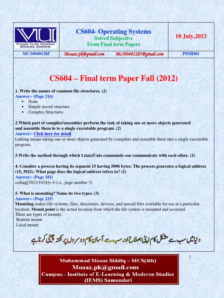 CS604 Operating Systems 2012 Final Term Questions Answers Solved With ...