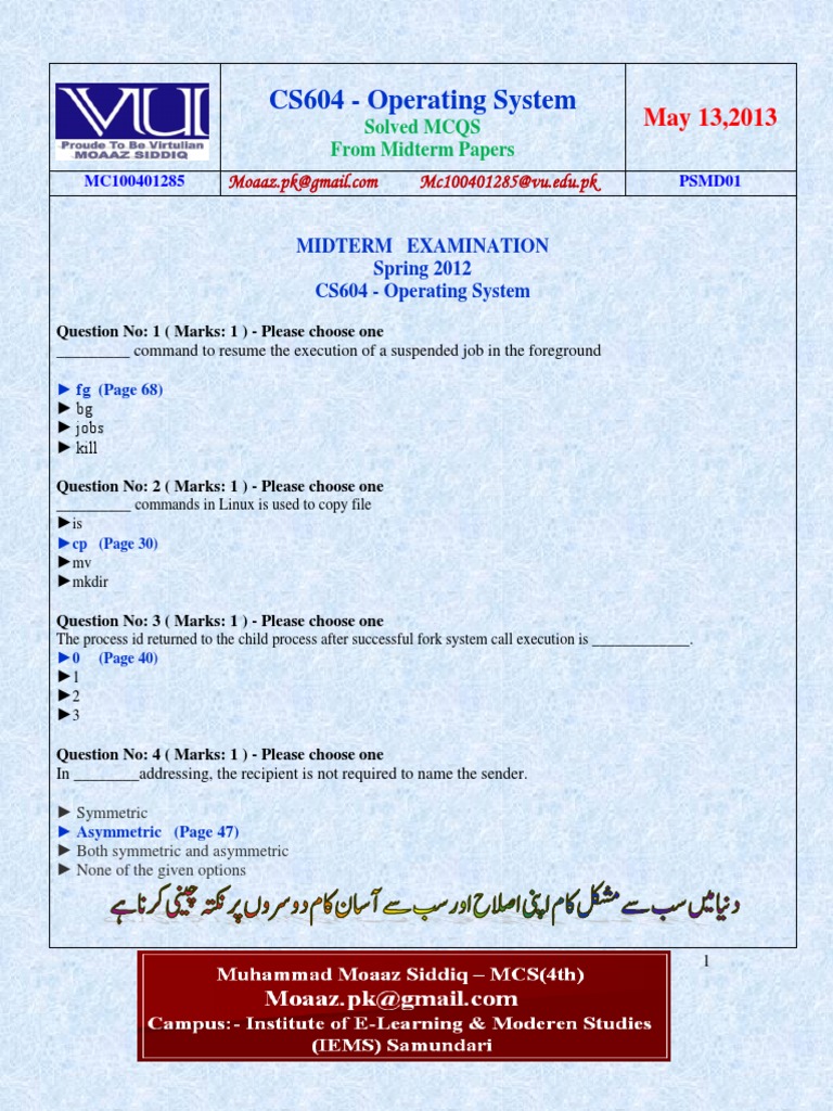 CS604 Operating System Midterm MCQs | PDF | Scheduling (Computing ...