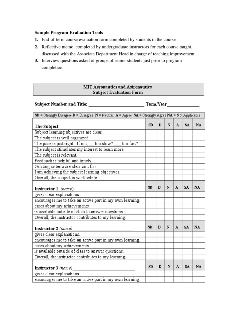 Subject Evaluation Form Educational Assessment Massachusetts
