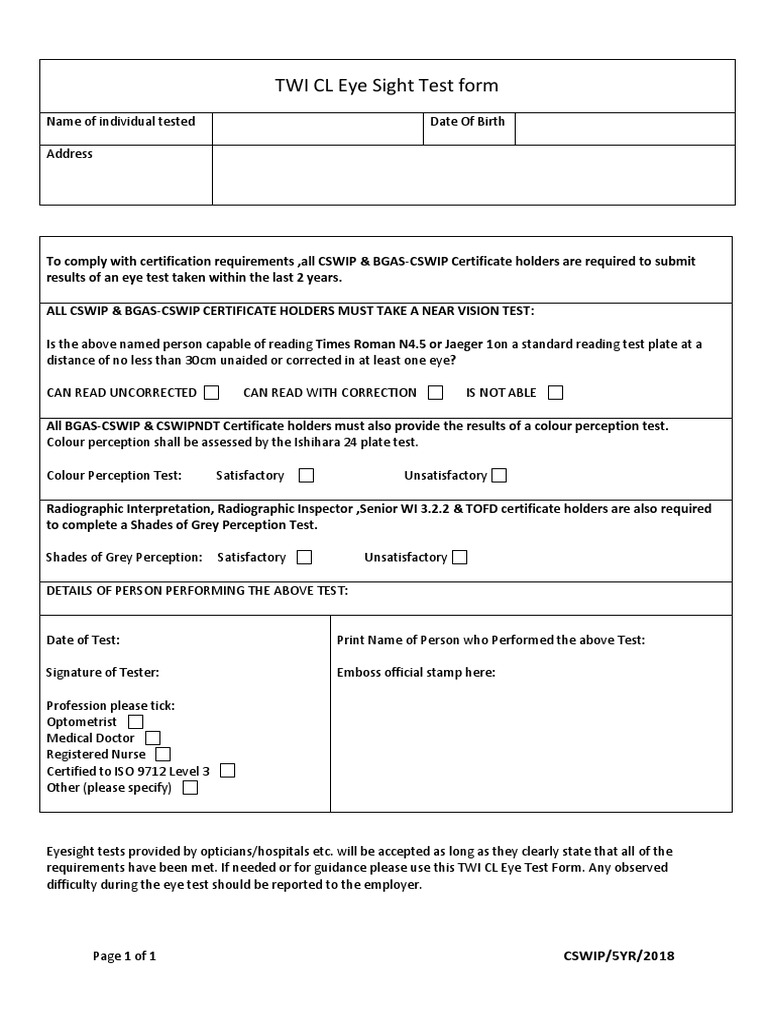 TWI CL Eye Sight Test Form | PDF | Technology & Engineering