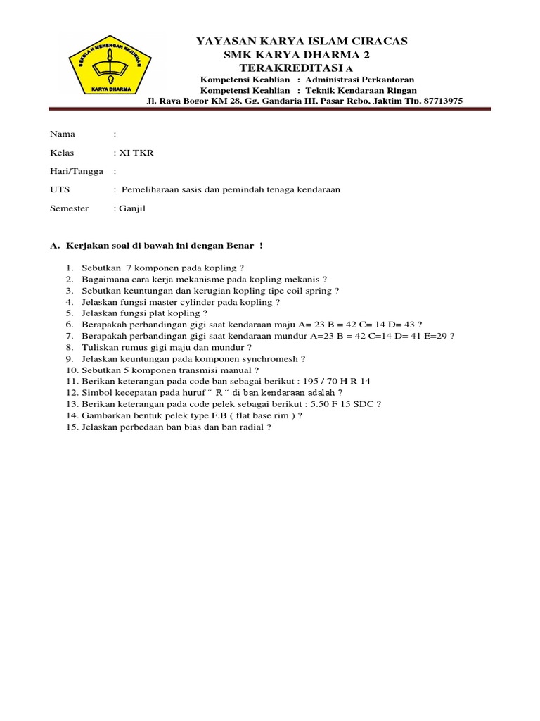 Soal Uts Kelas 1 2 3