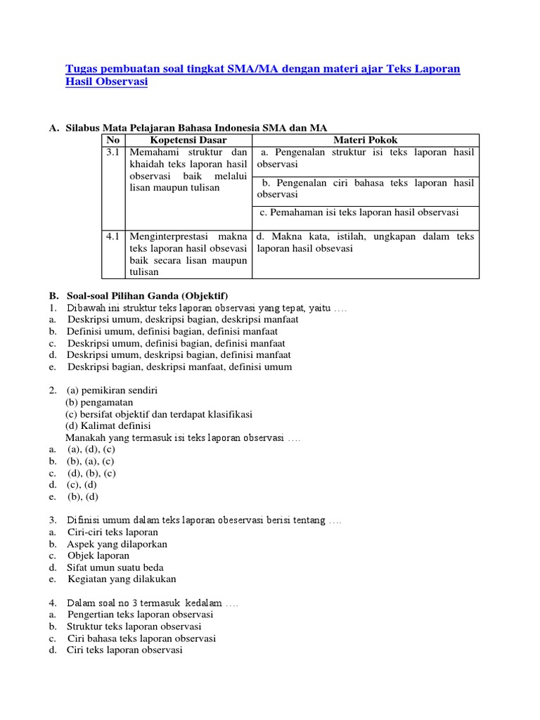 contoh soal teks laporan hasil observasi dan pembahasannya Laporan