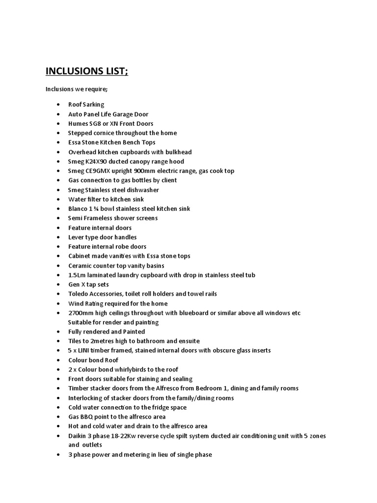 Essential Inclusions for Home Build | PDF | Door | Kitchen