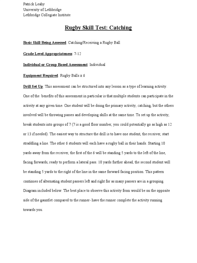Rugby Catching Skill Assessment | PDF | Hand | Sports