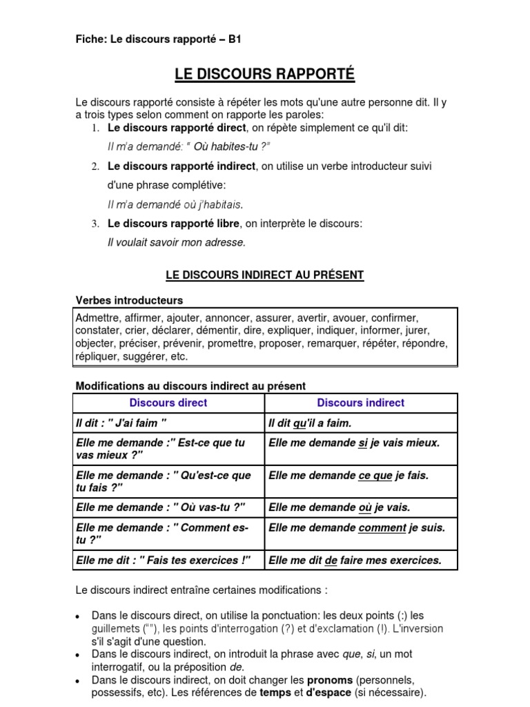 Discours Rapporté: Guide B1 Concis | PDF | Phrase | Syntaxe