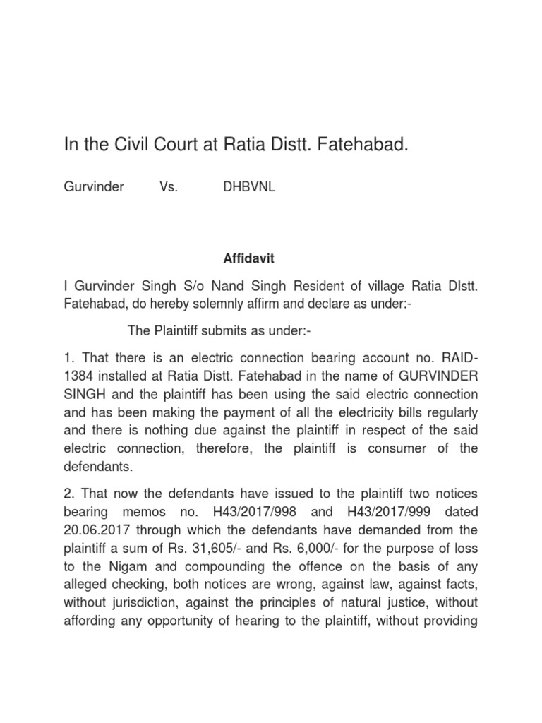 Gurvinder DHBVN Affidavit Download Free PDF Plaintiff Lawsuit
