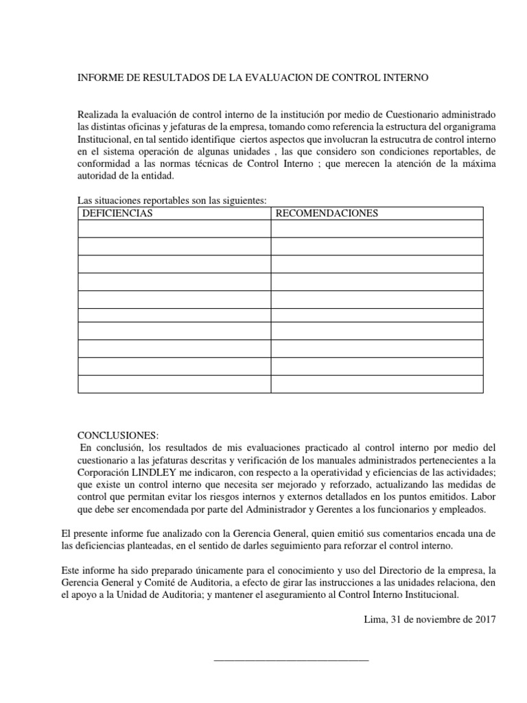 Informe de Resultados de La Evaluacion de Control Interno | PDF