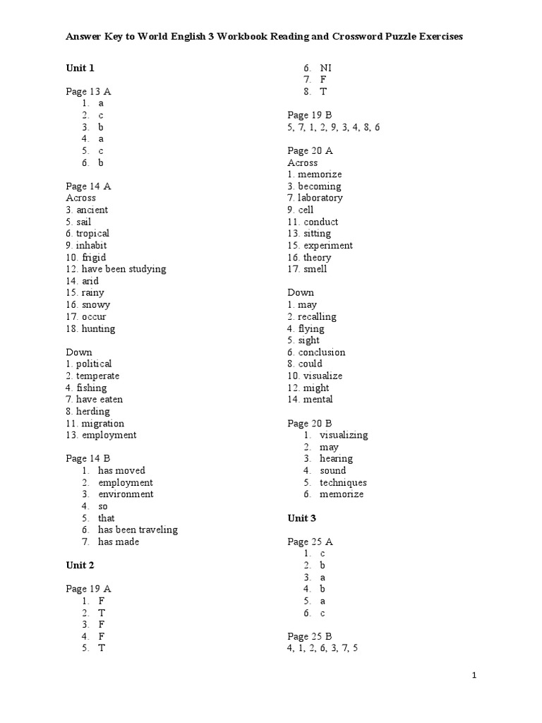 Answer Key To World English 3 Workbook Reading and Crossword