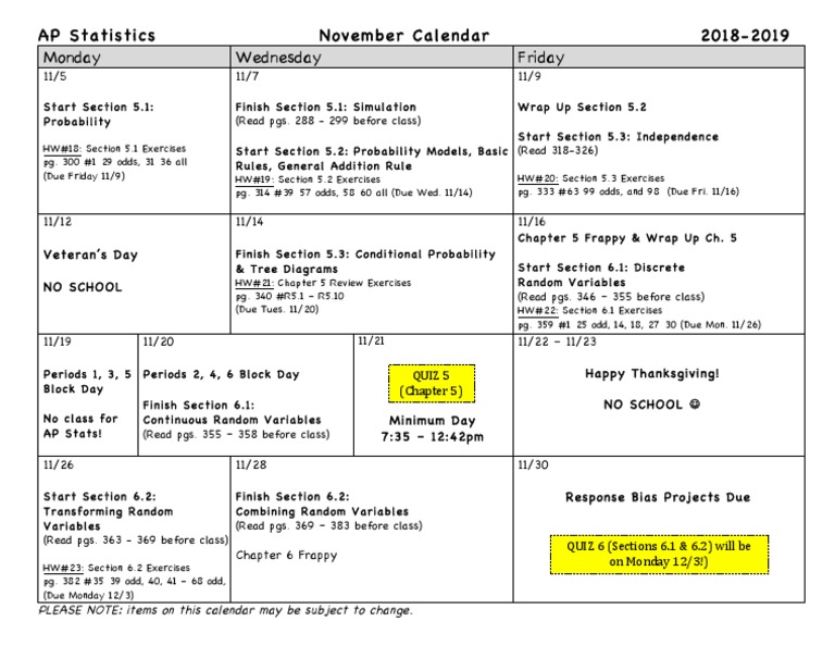 November Calendar 1819 Ap Stats PDF PDF Probability Theory